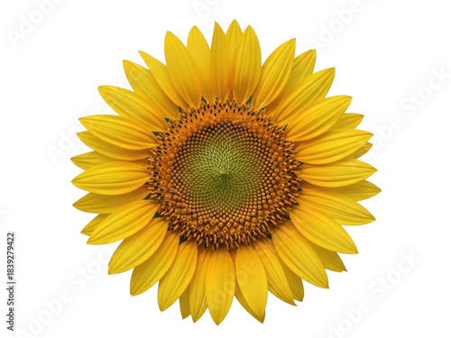 Isolated sunflower blossom shows bright yellow petals and dark green center in full bloom