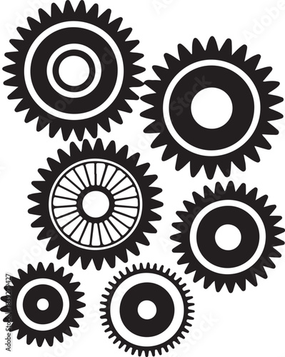 Different sized cogwheels are meshed together in the design on a transparent background