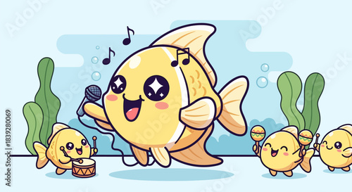 Adorable cartoon goldfish singing with a microphone and band.