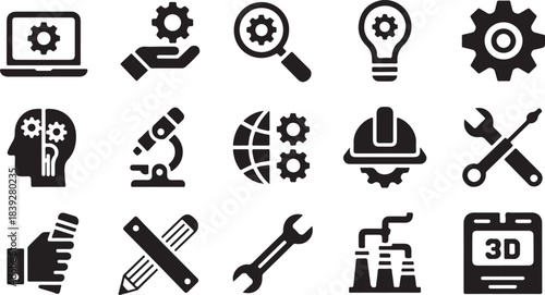 Various mechanical and scientific icons featuring gear, wrench, lab equipment, and manufacturing tools appear