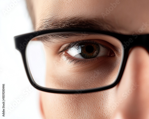 Close-up of a man wearing glasses on a white background, a man wearing glasses looks up