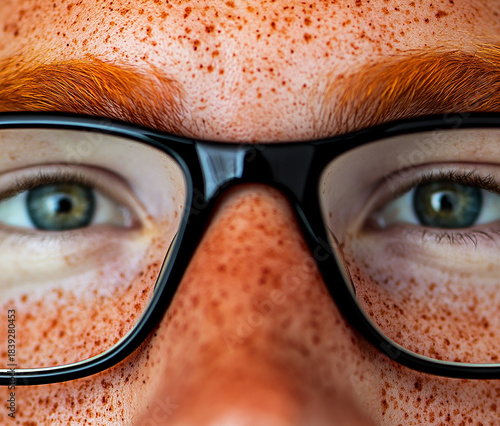 Close-up of a man wearing glasses on a white background, a man wearing glasses looks up