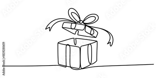 Continuous line drawing of an open gift box with bow
