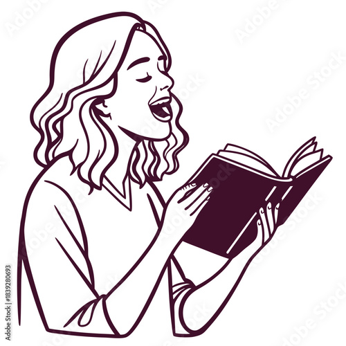 A minimalist line illustration of a young woman with flowing hair, eyes closed in bliss, joyfully singing from an open book held in her hands.