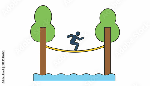 A slackliner balancing skillfully on a tightrope stretched between two trees the ground far beneath them.