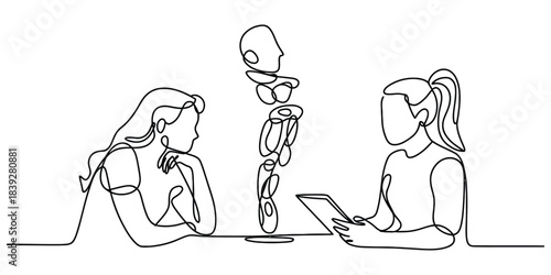 Continuous line drawing of consultation with abstract human figure