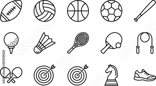 Sports equipment line icon set, collection of balls, rackets, and fitness gear for competition, training, and recreation.