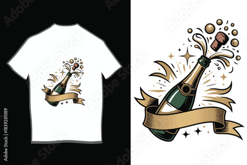 Retro Champagne Bottle Pop T-Shirt Design and Badge