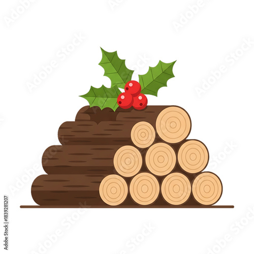 A pile of chopped logs decorated with green holly leaves and red berries.