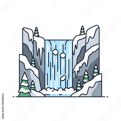 A tall icy cliff with frozen waterfalls and snow covered rocks.