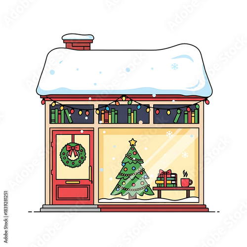 A cozy holiday shop decorated with a Christmas tree and snowy roof.