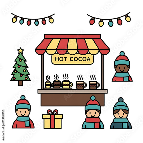 A festive hot cocoa stand run by children with holiday decorations.