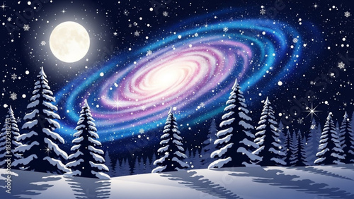Magical winter night sky with full moon, snowcovered pine trees, and a brilliant spiral galaxy overhead