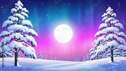 Magical winter night landscape with snowcovered pine trees and full moon under aurora borealis sky