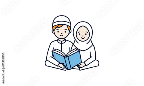 Muslim Children Studying Together Illustration