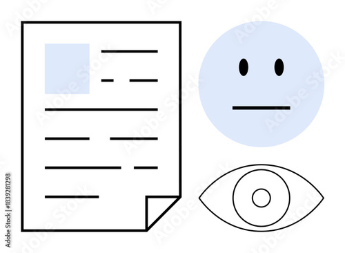 Privacy, data protection, identity verification, document analysis, surveillance, emotional recognition. A document, a neutral face and an eye icon. Privacy and data protection visualization