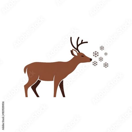 A lone reindeer walking through falling snowflakes in winter.