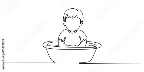Continuous line drawing of a child in a bathtub