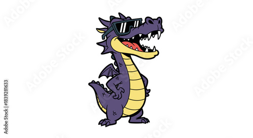 Cool purple cartoon dragon character wearing sunglasses.
