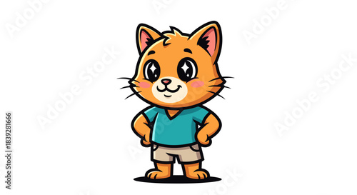 Cute cartoon cat character wearing clothes standing and smiling.