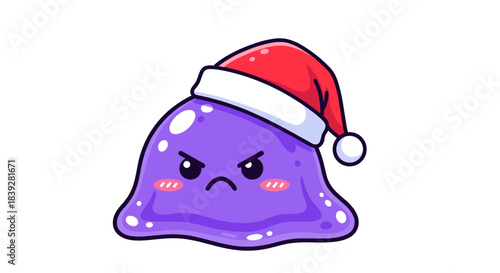 Cute Angry Purple Slime Monster Wearing Santa Hat Christmas Character.