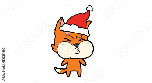 Cute cartoon fox wearing a Santa hat making a kissing face.