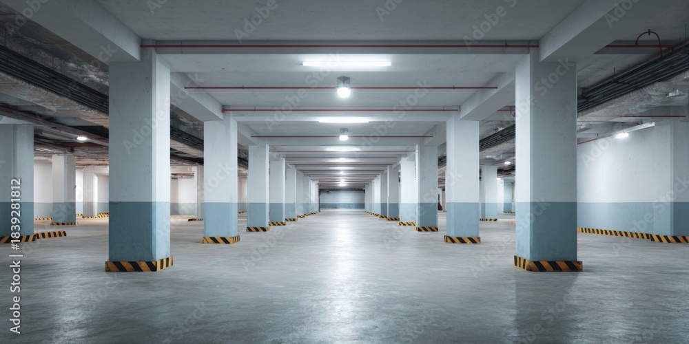 Naklejka premium Empty underground parking garage with white columns and bright lighting