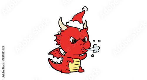 Cute Red Dragon Wearing Santa Hat Blowing Cold Air.