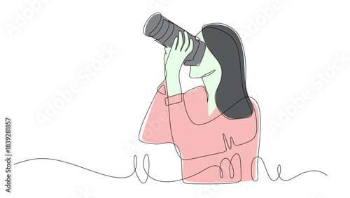 Continuous line art of a woman working as a professional photographer taking pictures with a camera in her hand. Vector illustration with beautiful colors.