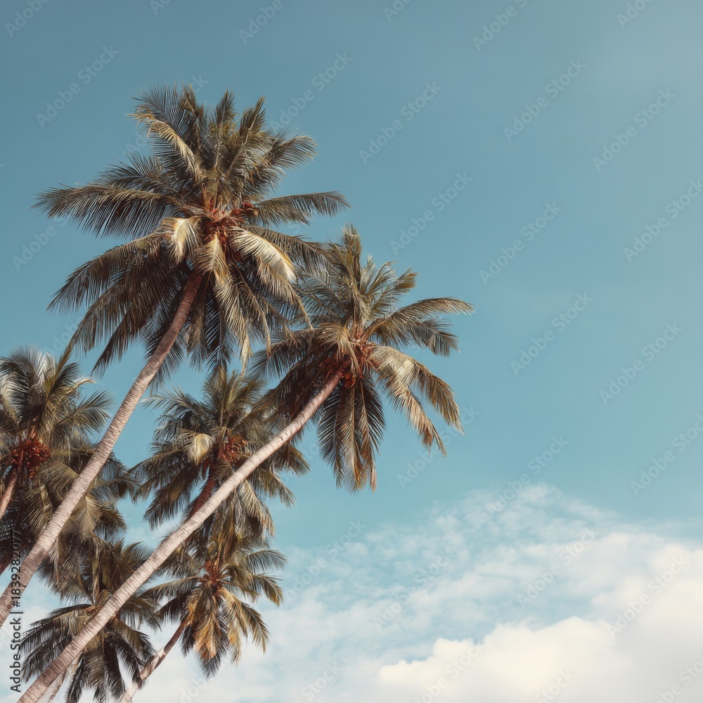 Naklejka premium Tropical palm trees against clear blue sky on sunny day