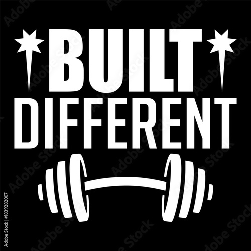 Built Different Bold Gym Typography T-Shirt Design with Powerful Dumbbell Icon, High-Contrast Fitness Streetwear Style for Motivational Workout Athletes