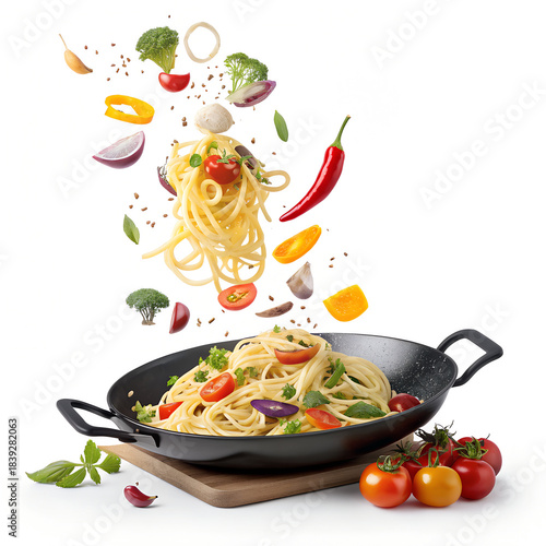 Close up of pasta and vibrant vegetables mid-air over a sizzling black pan, cut out and isolated on a white background, Mouthwatering pasta and vegetables floating over a steaming black pan.