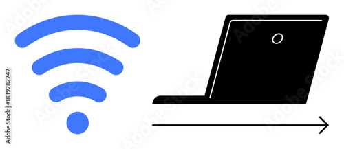 Remote work, internet access, digital communication, online services, technology integration, wireless networking. Blue wireless symbol next to a black laptop with an arrow. Remote work and internet