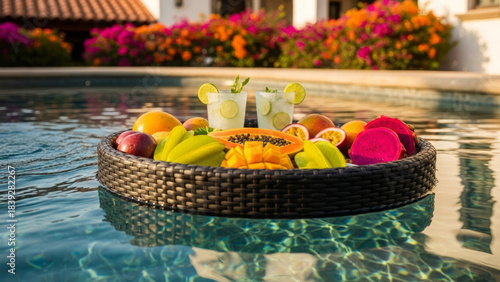 Spacious hacienda style living room with folding glass doors opening to a tropical pool garden