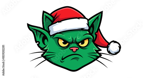 Grumpy green cat head wearing a red Santa hat cartoon.