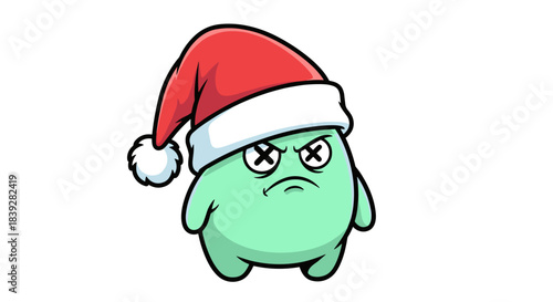 Grumpy green monster wearing a Santa hat with X eyes.
