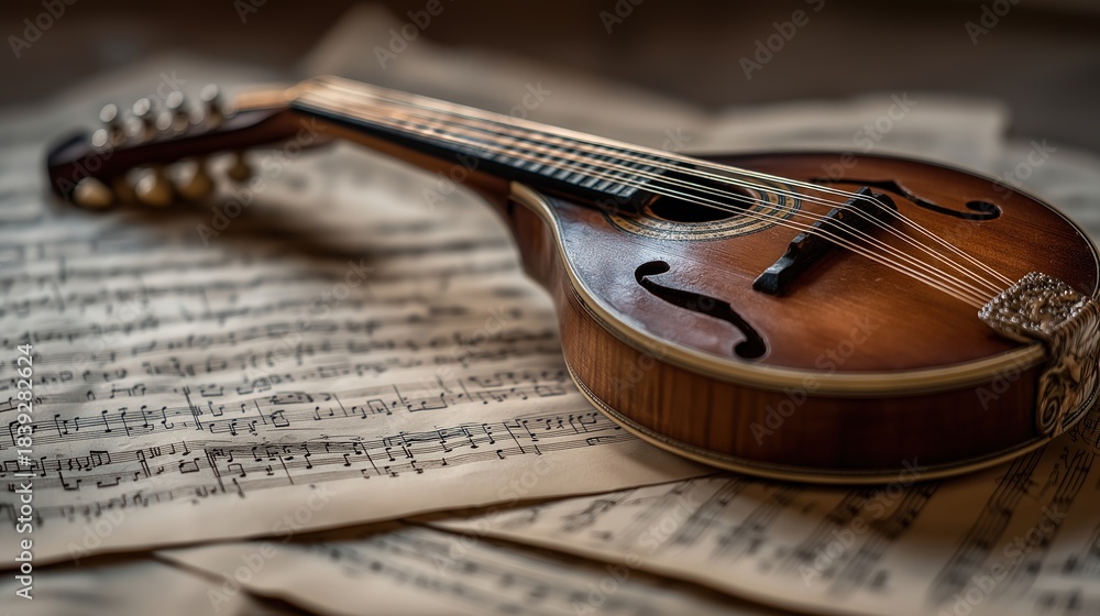 Naklejka premium Vintage Mandolin Resting on Sheet Music