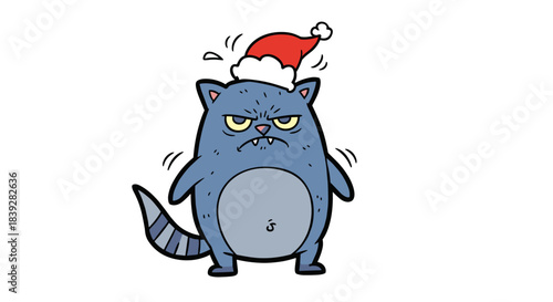 Grumpy raccoon wearing a Santa hat looking very angry and annoyed during Christmas.
