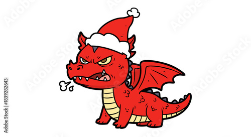 Grumpy Red Dragon Wearing Santa Hat with Angry Expression.