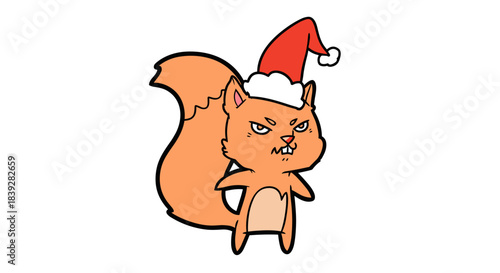 Grumpy Squirrel Wearing a Santa Hat.