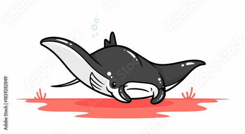 Cute Cartoon Manta Ray Swimming Underwater with Playful Expression.