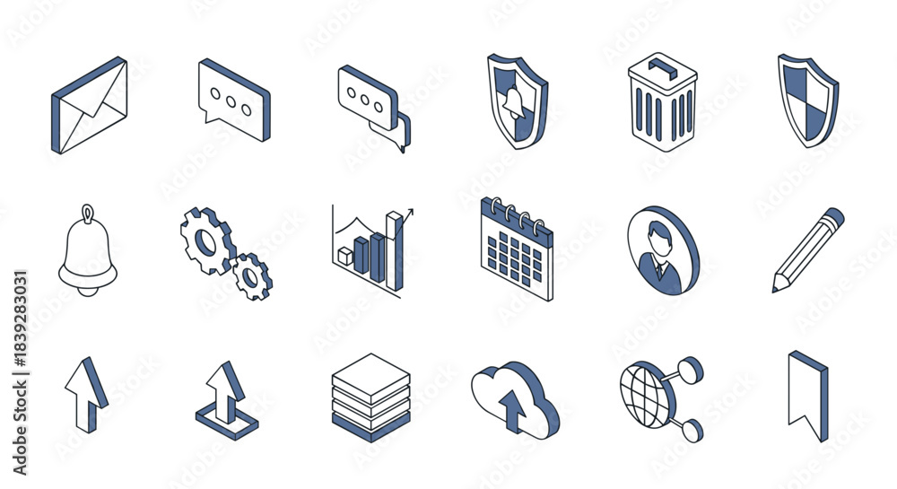 Fototapeta premium Isometric icons representing various business and technology concepts.