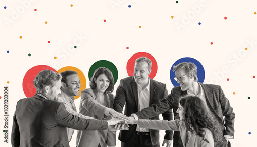Fotografia A diverse group of six people are smiling and joining their hands together in a show of teamwork