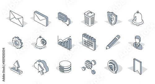 Isometric icons set for business and technology concepts.
