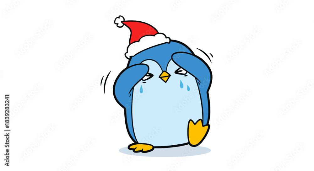 Obraz premium Sad penguin wearing a Santa hat feeling cold and miserable during winter.