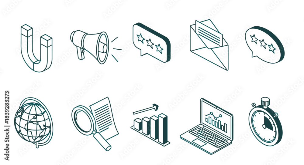 Fototapeta premium Set of isometric line art icons for business and marketing concepts.