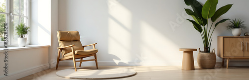 serene living room interior showcases stylish wooden chair nestled beside plush round rug adjacent minimalist stool soft