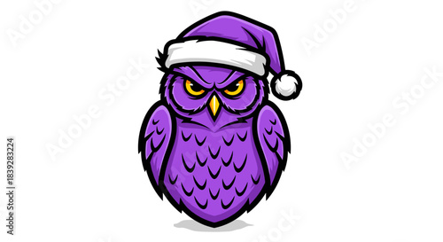 Purple owl wearing a nightcap with an intense and focused gaze.