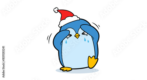 Sad penguin wearing a Santa hat feeling cold and miserable during winter.