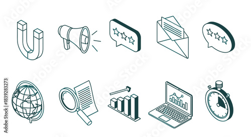 Set of isometric line art icons for business and marketing concepts.